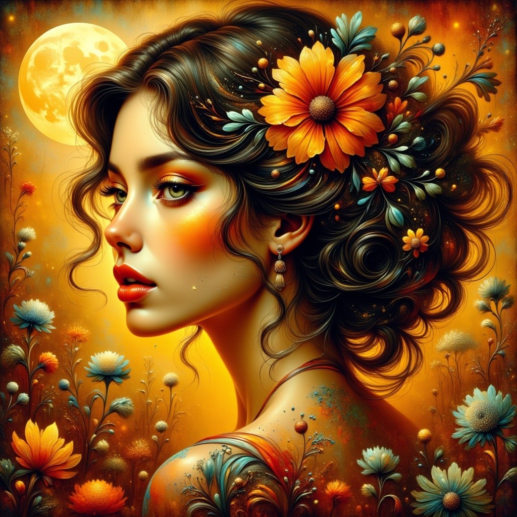 Portrait of a woman with curly hair and flowers