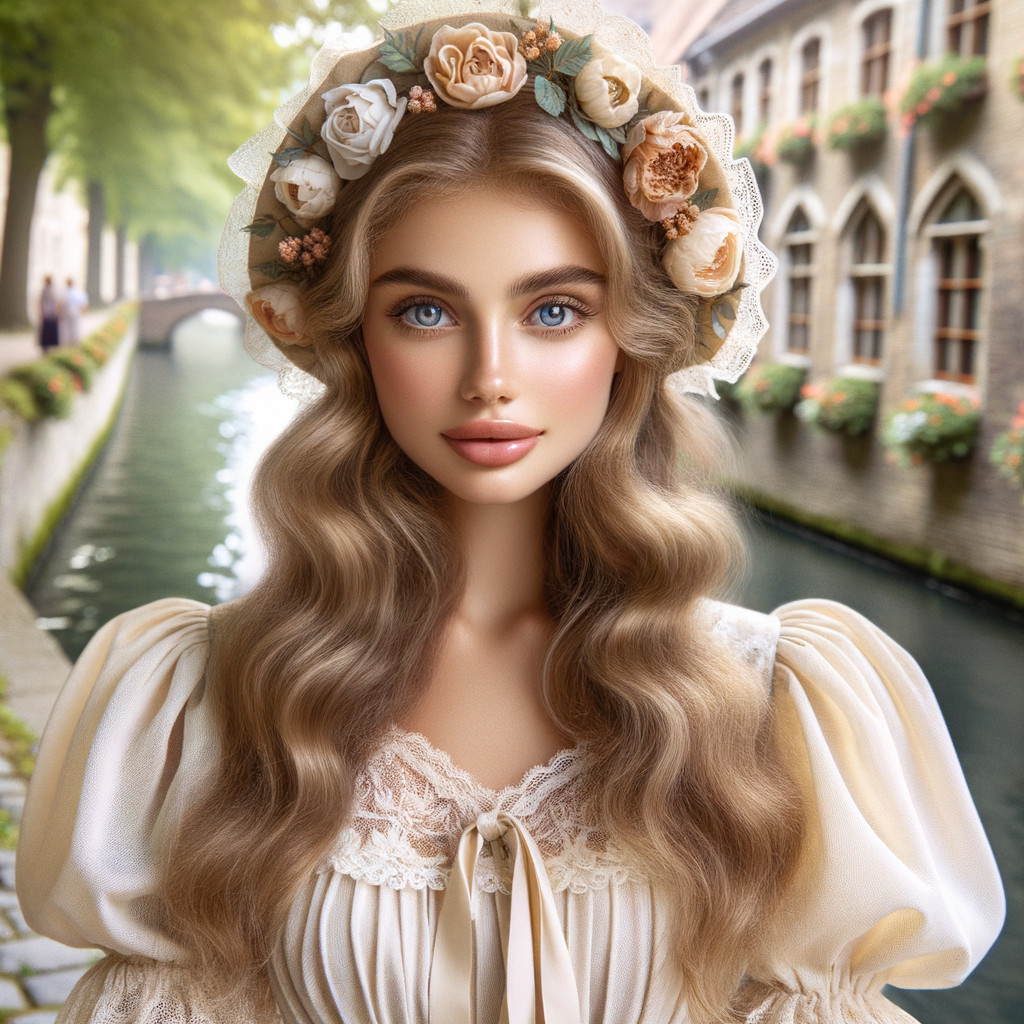 Young Woman by Canal in Vintage Cream Dress