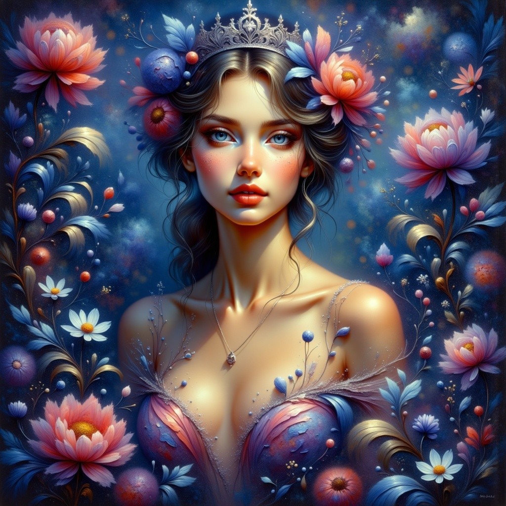 Ethereal Young Woman with Floral Crown and Dress