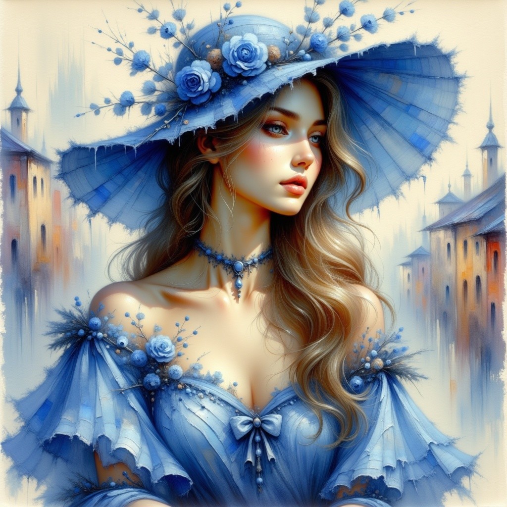Young woman in pale blue gown with floral details