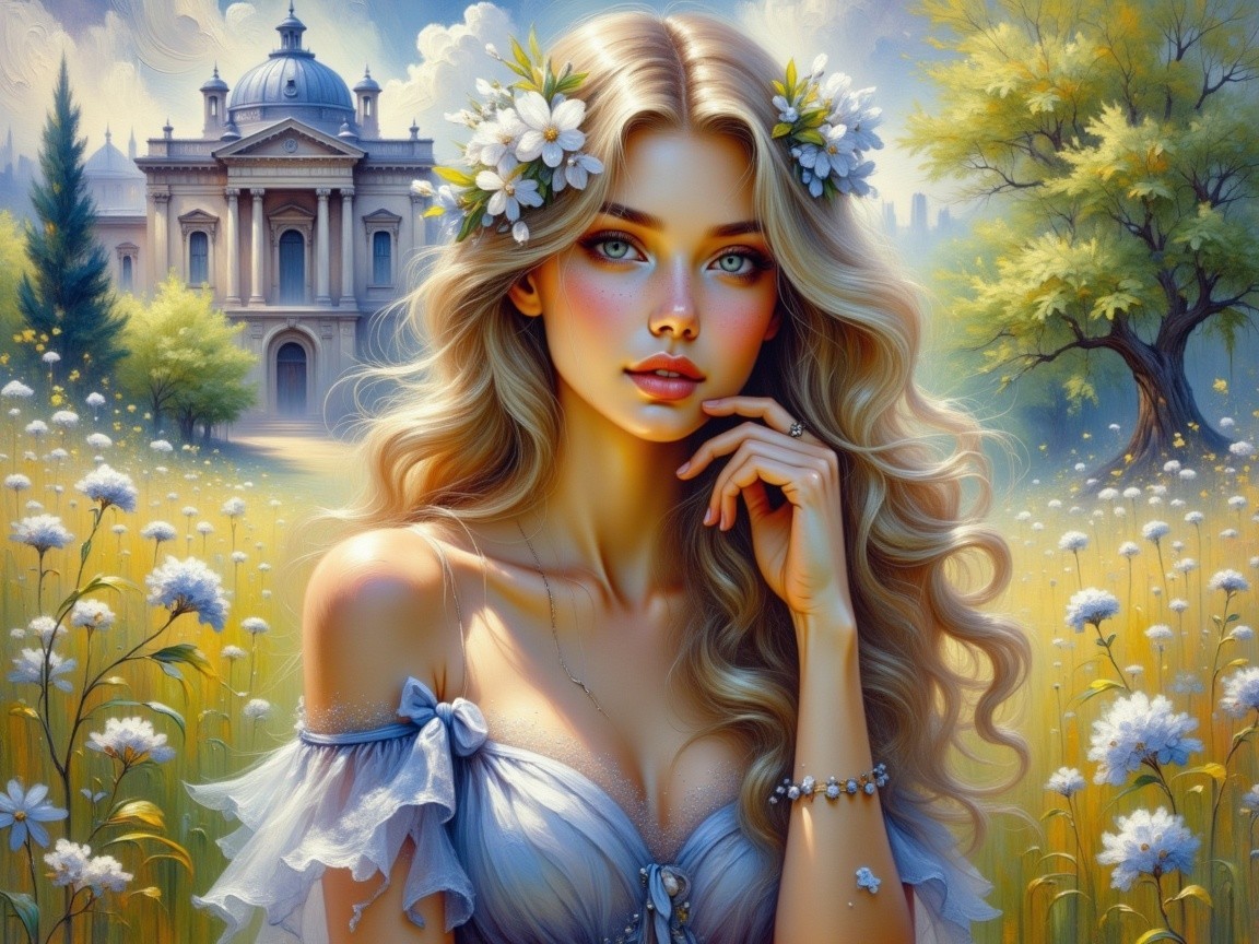 Ethereal Scene of Woman in Sunlit Meadow with Flowers