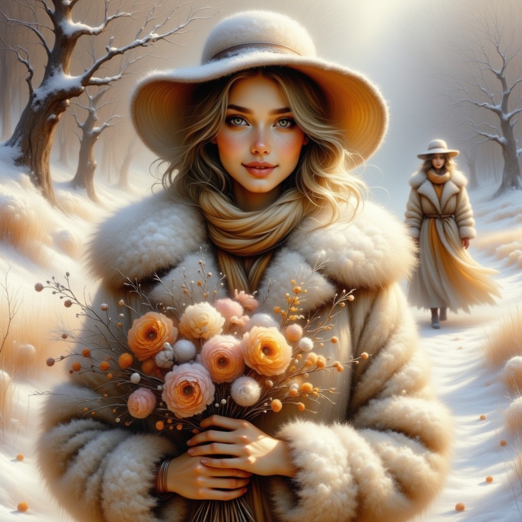 Young Woman in Elegant Fur Coat in Winter Landscape