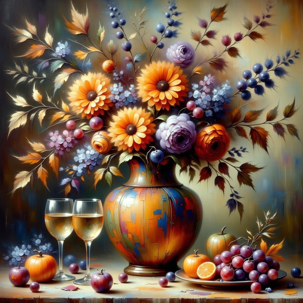 Vibrant Still Life with Flowers and Autumn Fruits