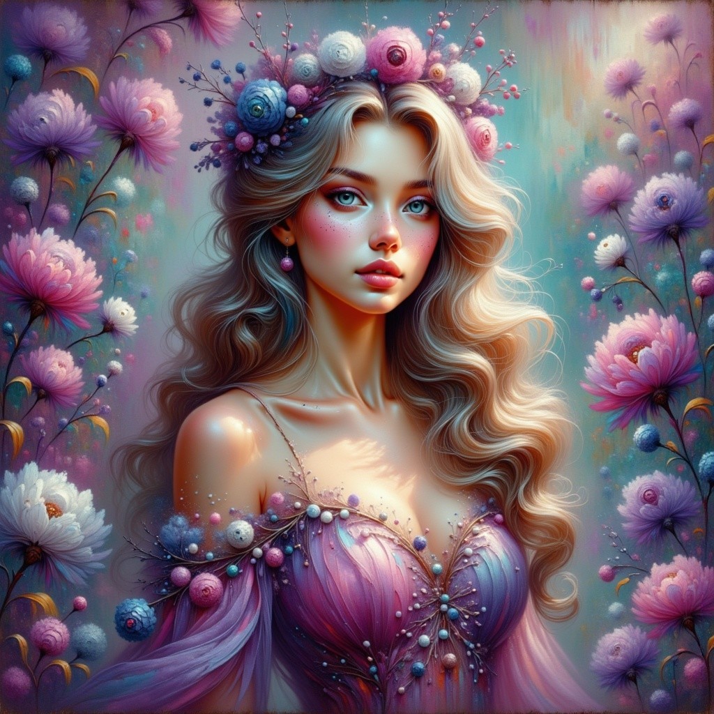 Young woman in floral crown with pastel gown and flowers