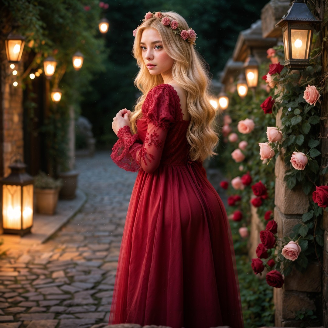 Blonde Woman in Red Dress Posing Outdoors at Dusk