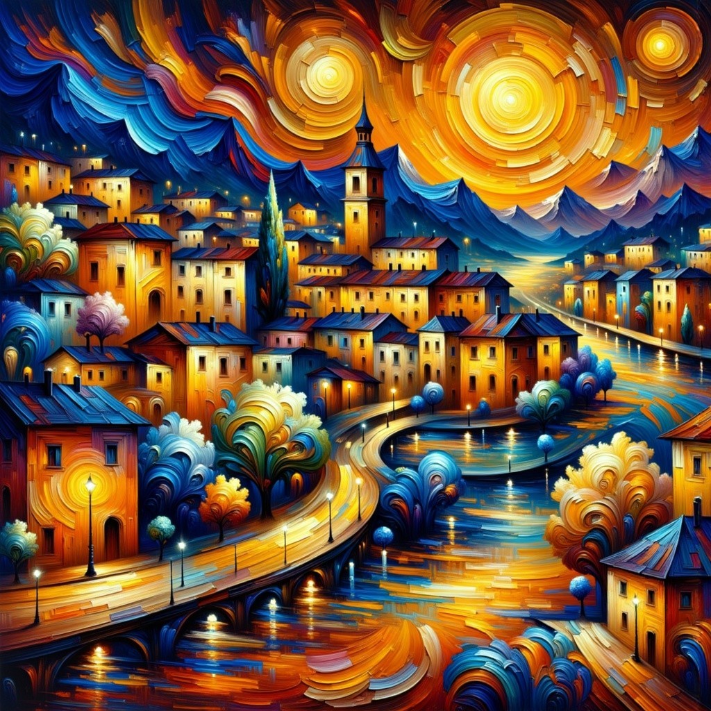 Vibrant Landscape of Town by Serene River at Sunset