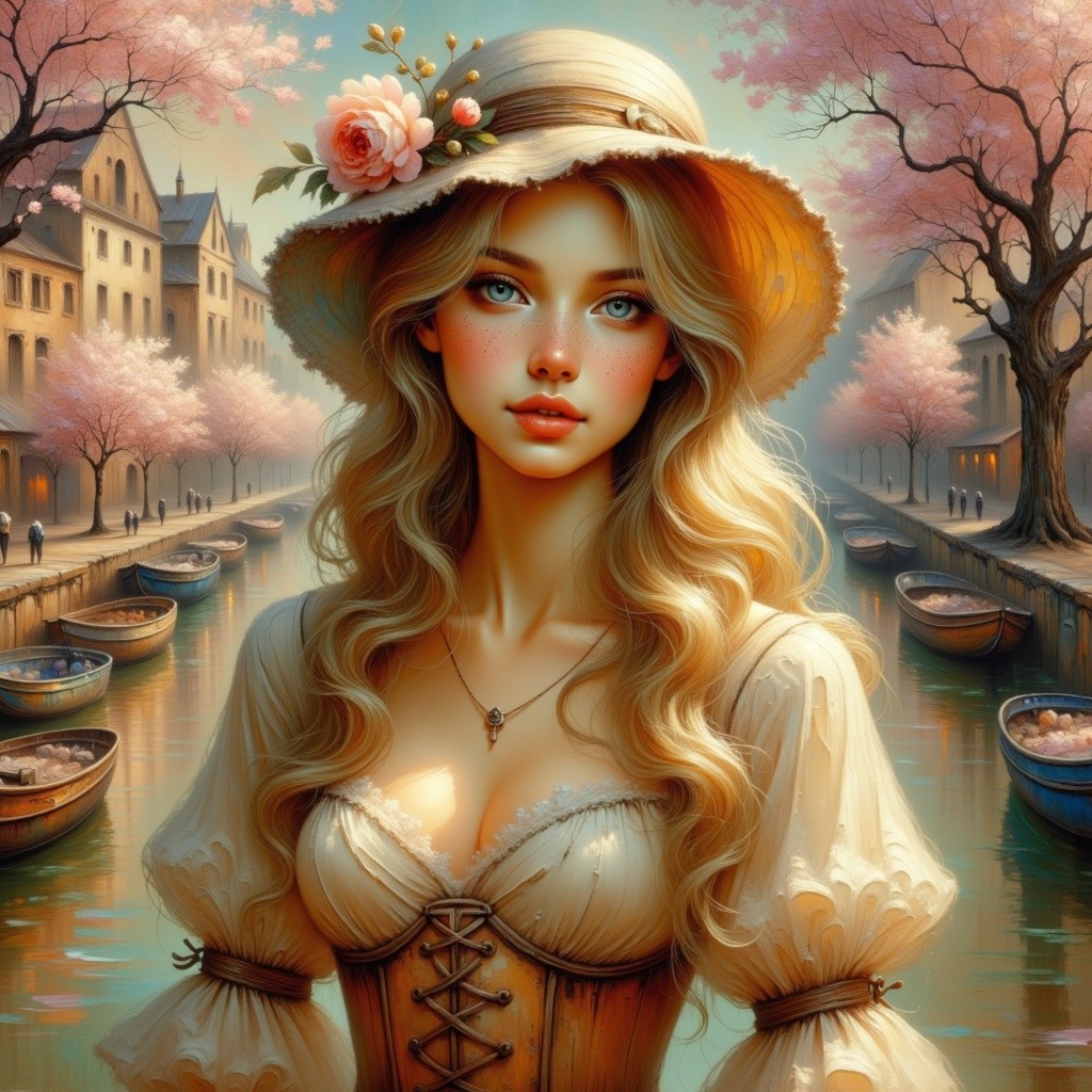 Young woman by cherry blossom canal in springtime