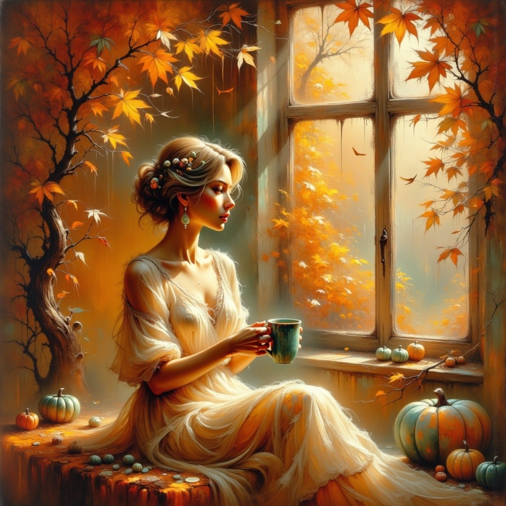 Young Woman by Window in Autumn Serenity
