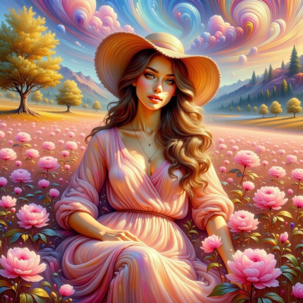 Dreamlike Landscape with Woman Among Pink Flowers