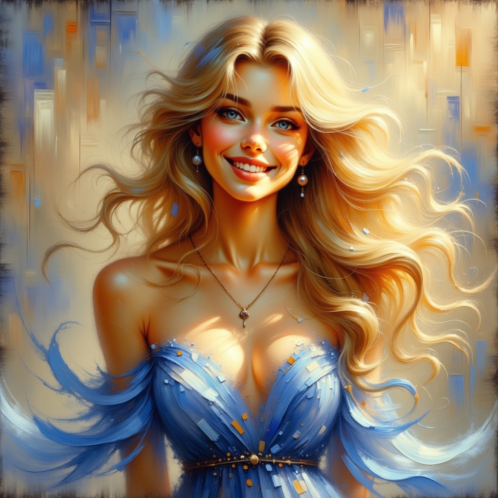 Radiant Young Woman in Blue Dress with Feathers