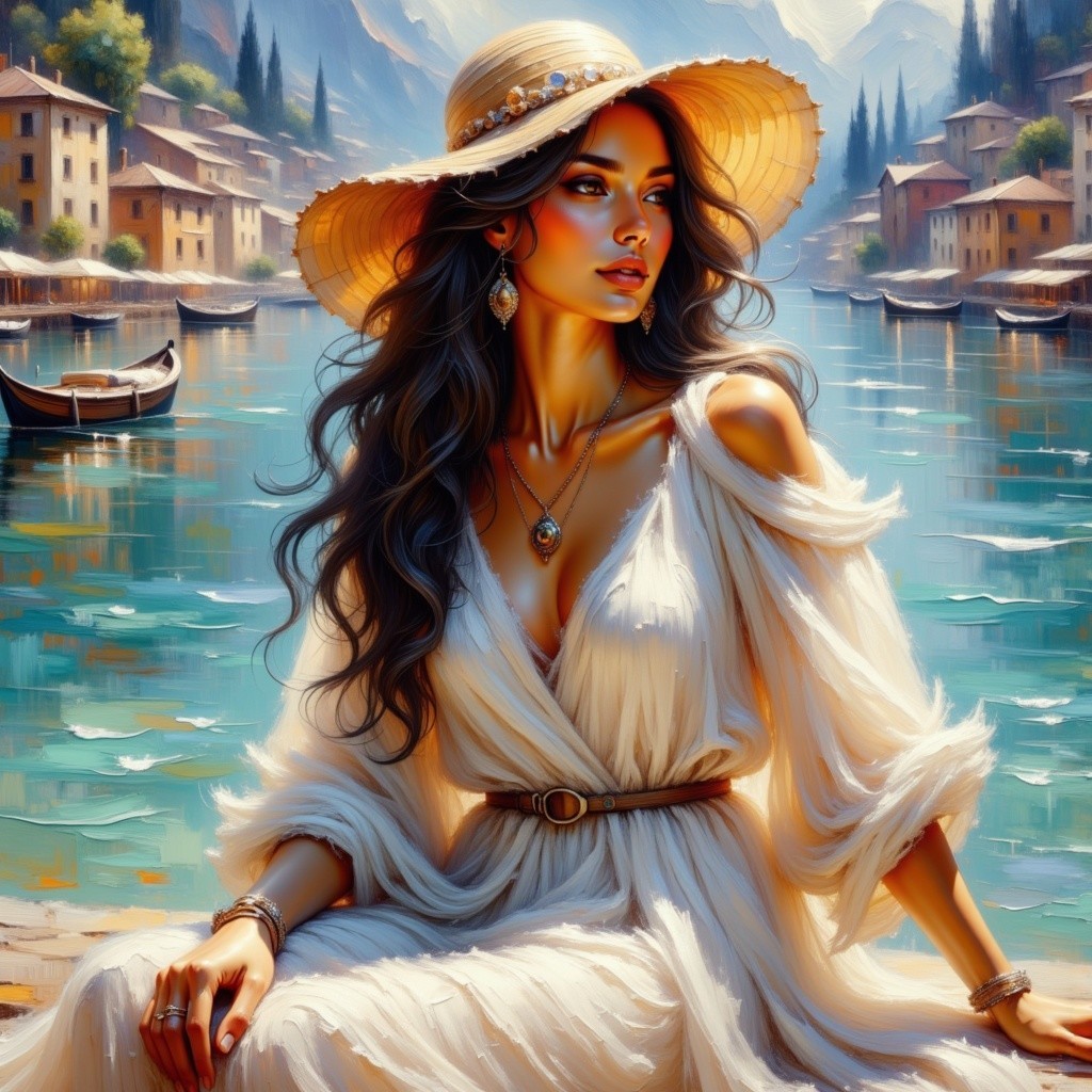 Woman in White Dress by Serene Lake with Mountains