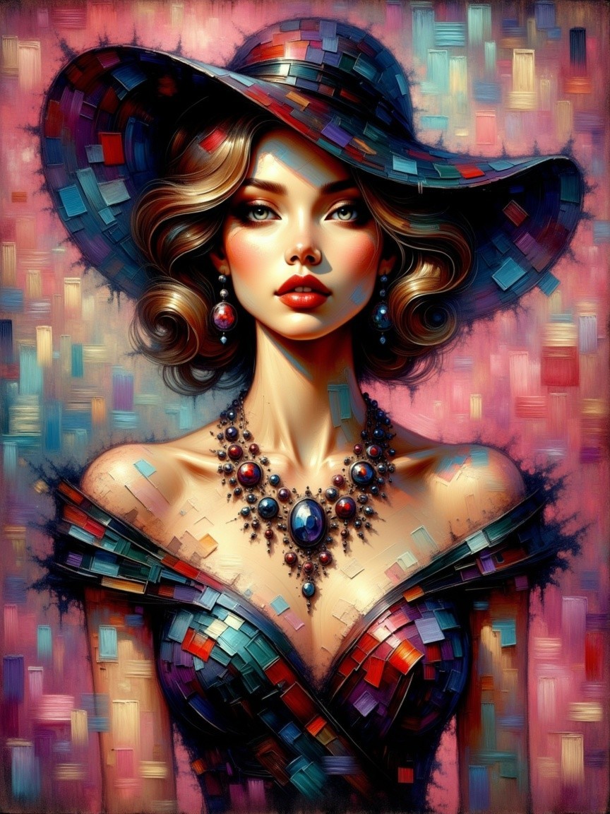 Glamorous Woman in Colorful Dress and Elegant Hat