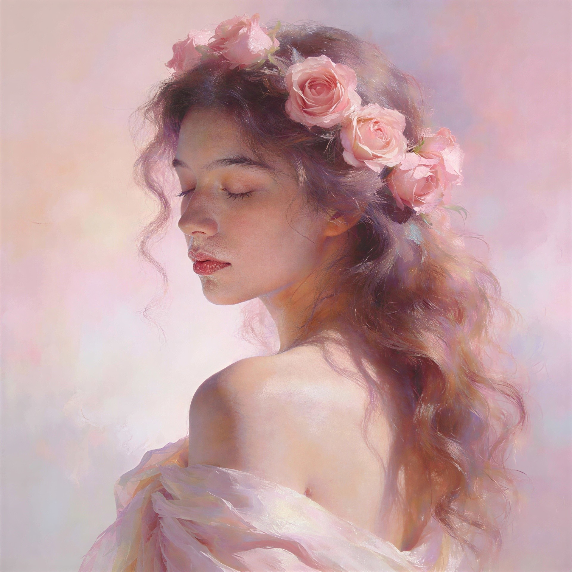 Dreamlike Oil Portrait of Woman with Rose Crown