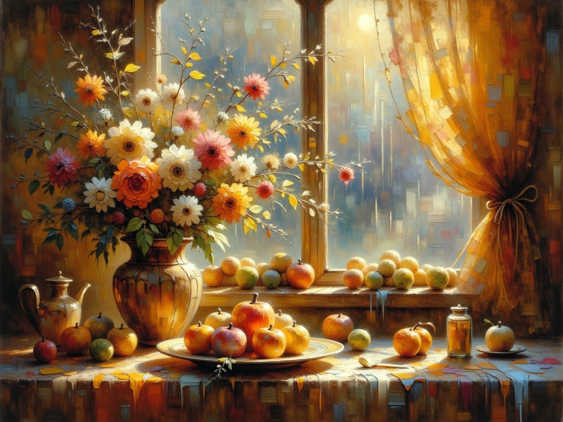 Vibrant Still Life with Flowers and Apples in Sunlight