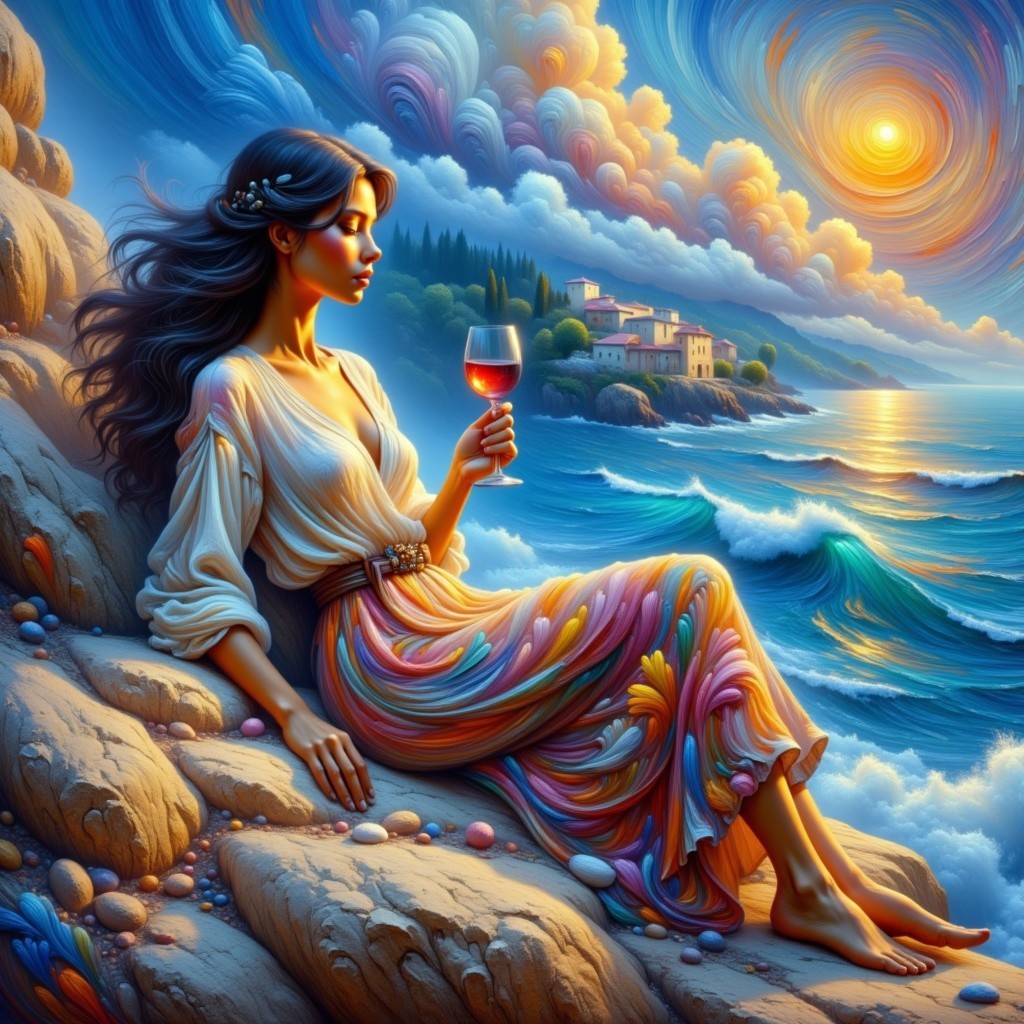 Serene Seaside Scene with Sunset and Woman in Dress