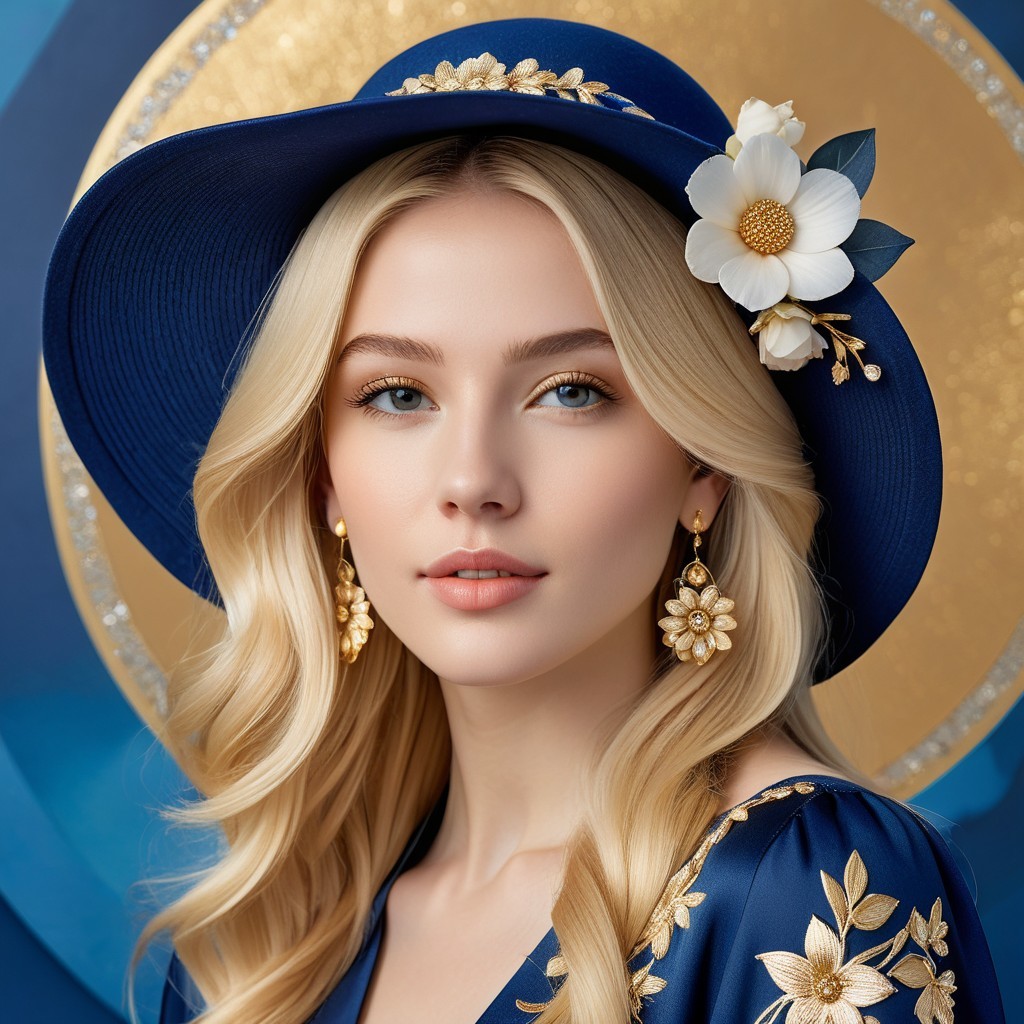 Young woman in blue hat with floral accent and gold earrings