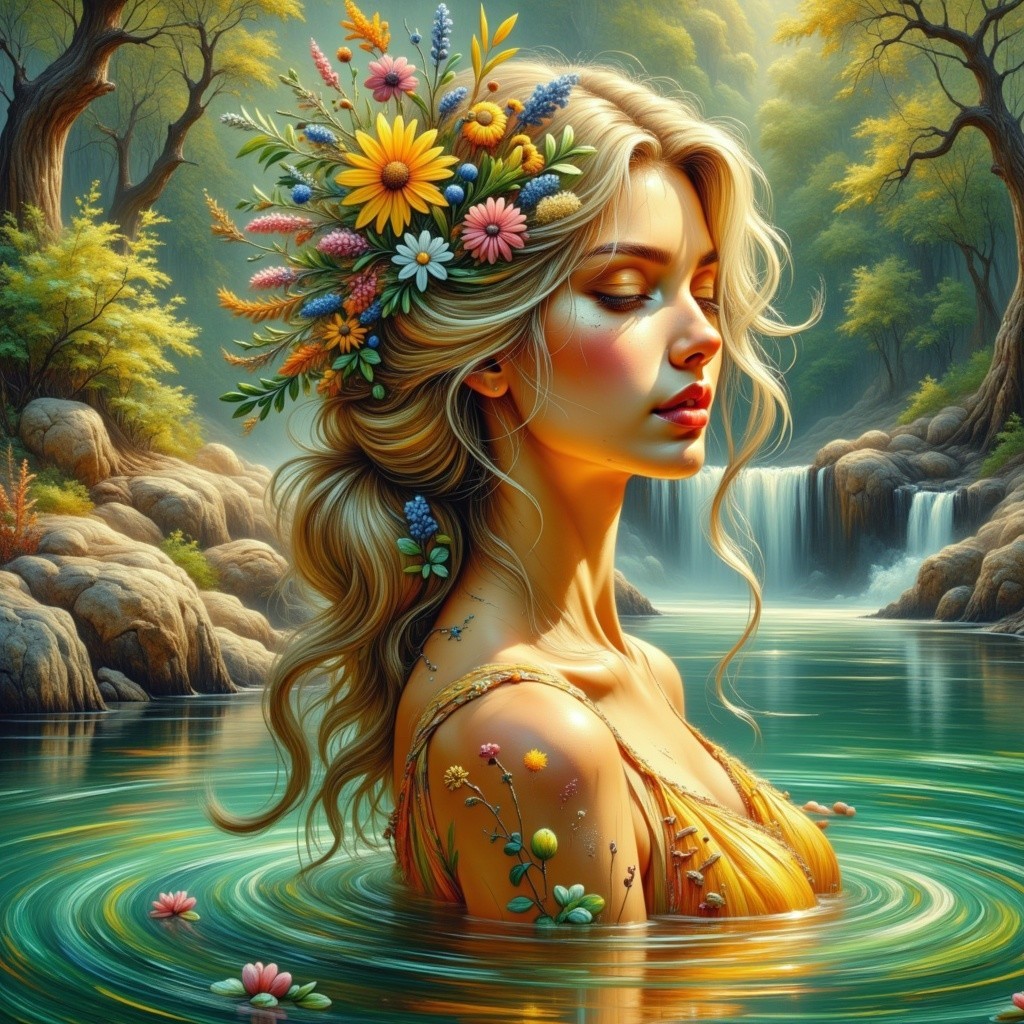 Serene Woman in Floral Dress Surrounded by Nature