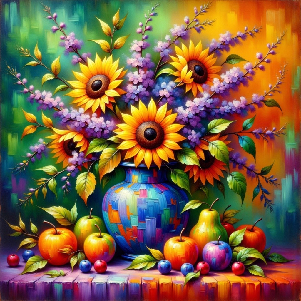 Vibrant Still Life with Blue Vase and Colorful Fruits