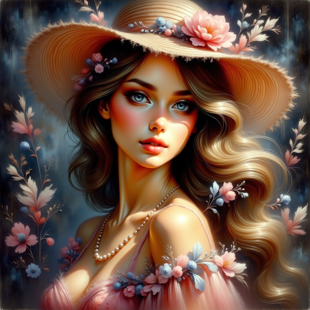 Young woman with floral adornments and elegant attire