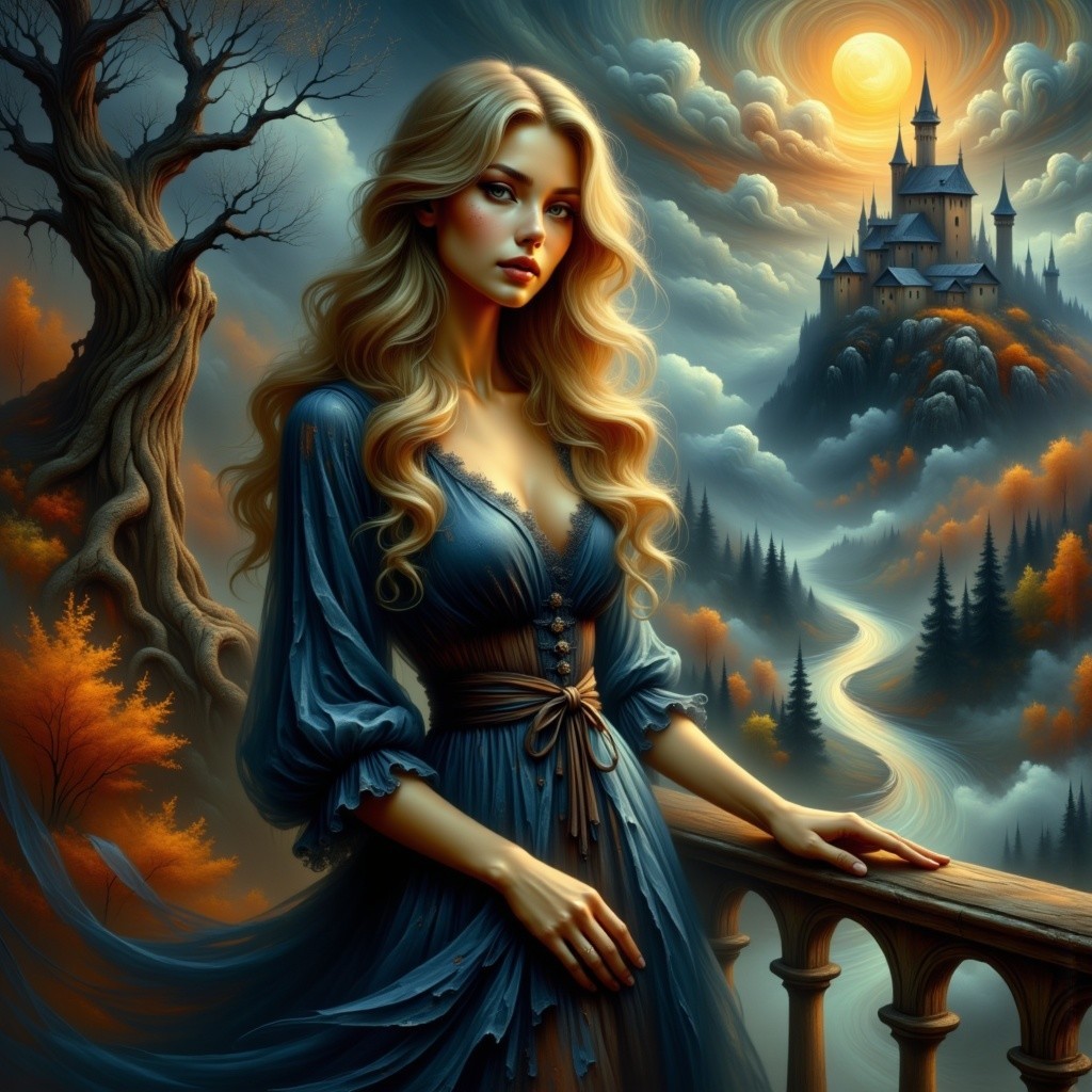 Mysterious Woman in Blue Gown on Scenic Balcony