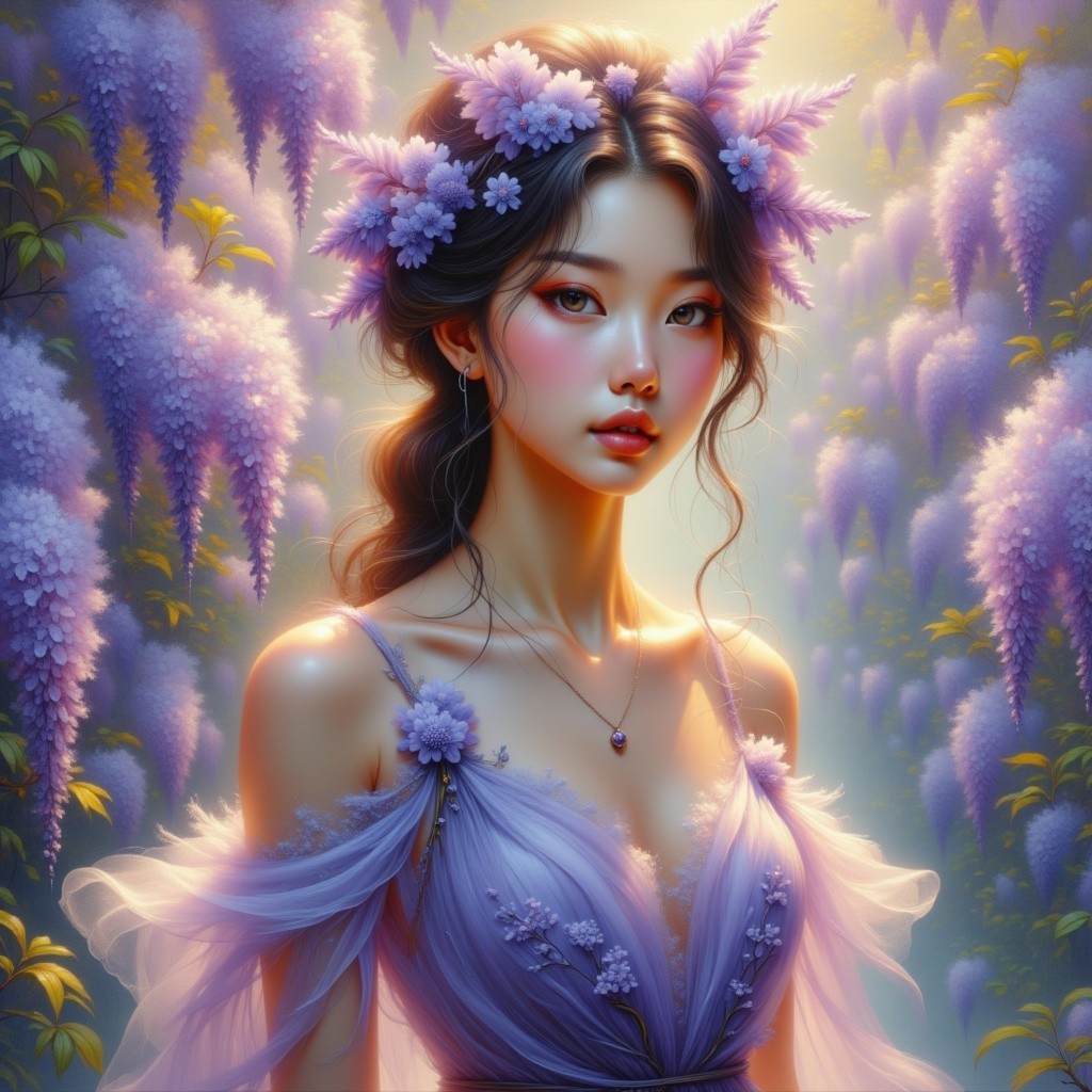 Young Woman in Lavender Dress Surrounded by Wisteria