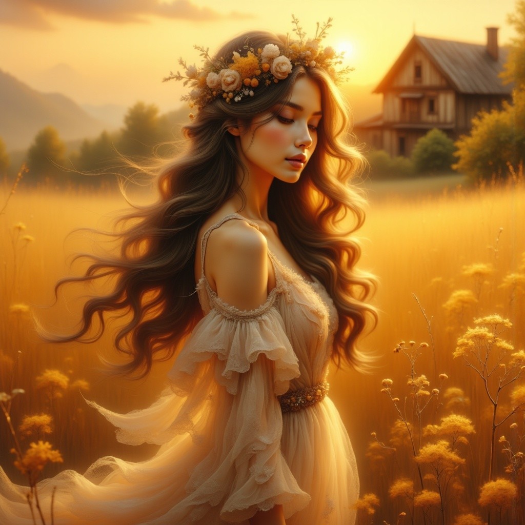 Serene Woman in Golden Field with Floral Crown