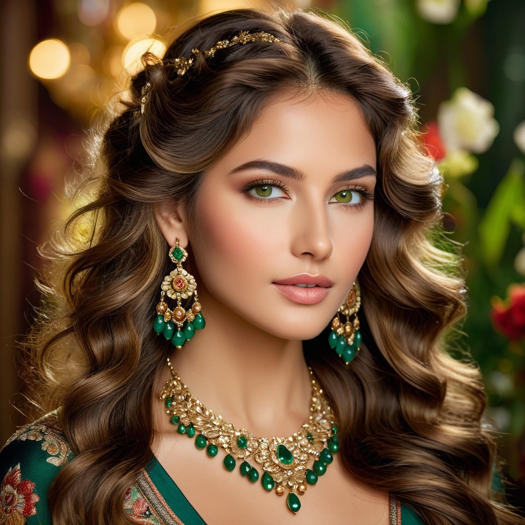 Portrait of a woman with flowing hair and jewelry