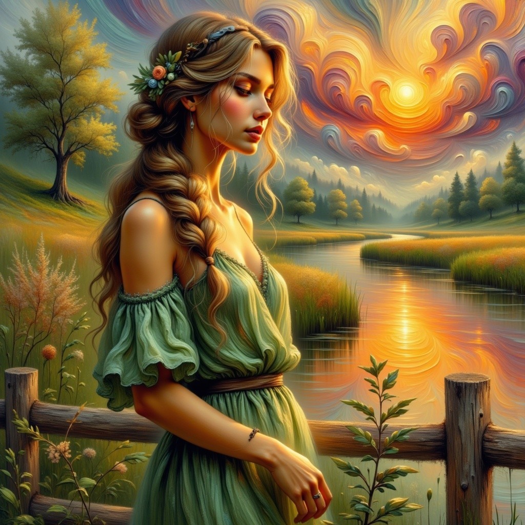 Young Woman by Tranquil River at Vibrant Sunset