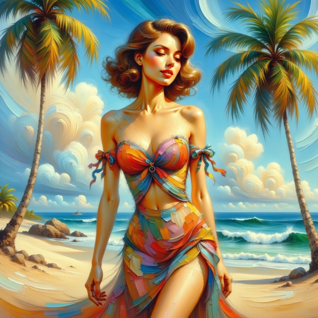 Vibrant Beach Scene with Stylish Woman and Palm Trees