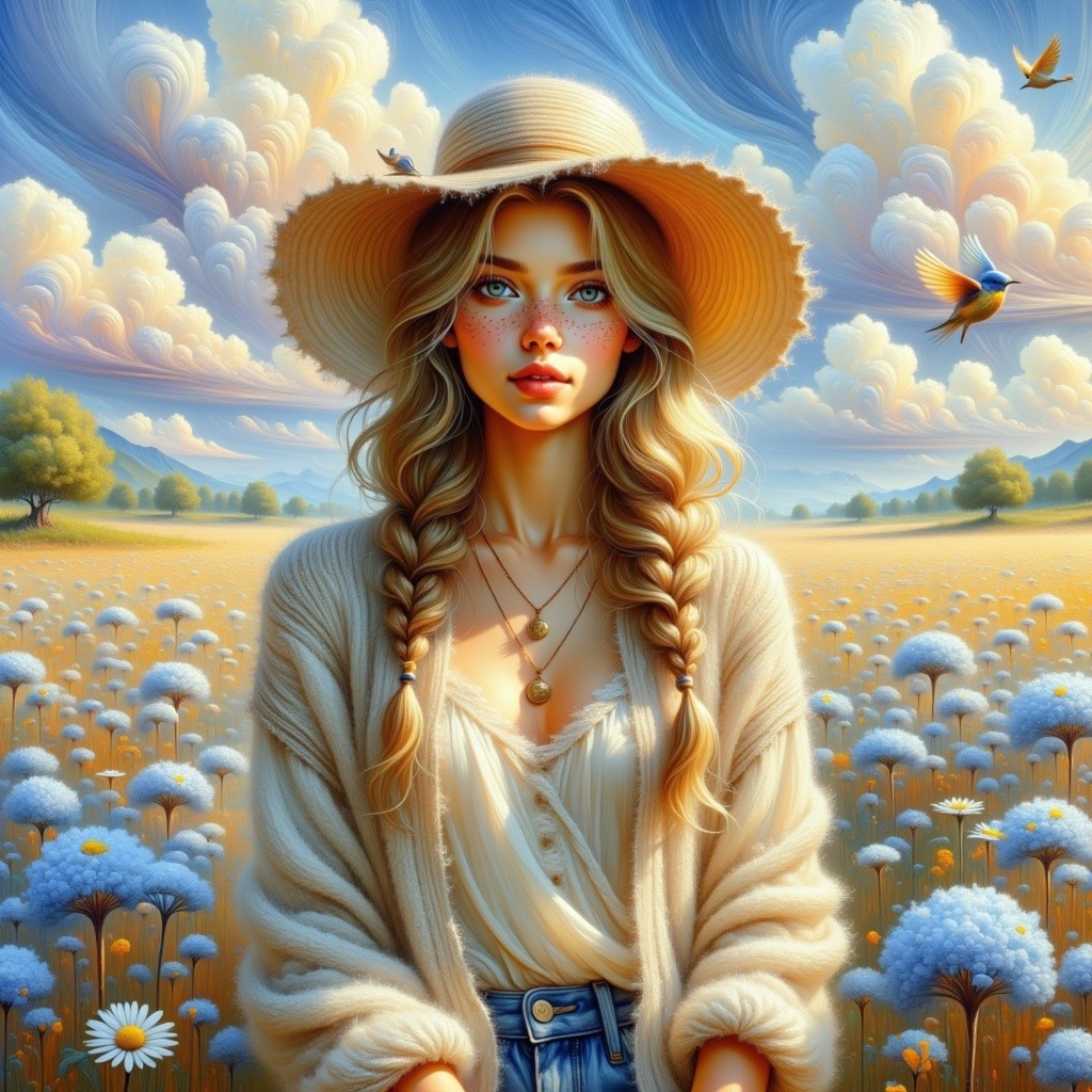 Serene landscape with a woman in a flower field