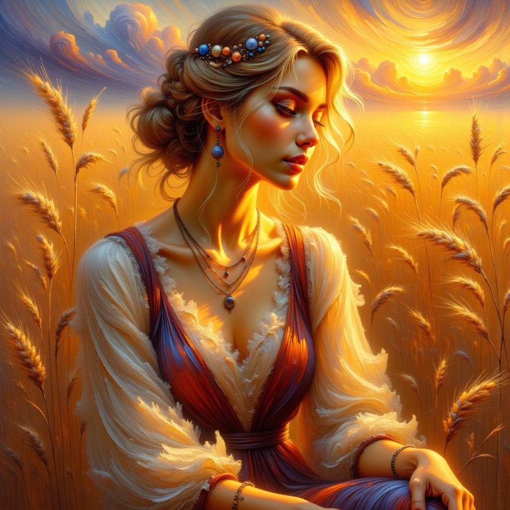 Young Woman in Sunlit Field with Golden Grass