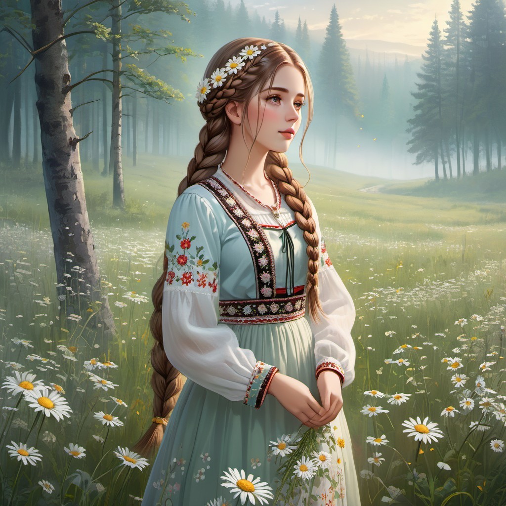 Young Woman in Pastel Dress in Serene Meadow
