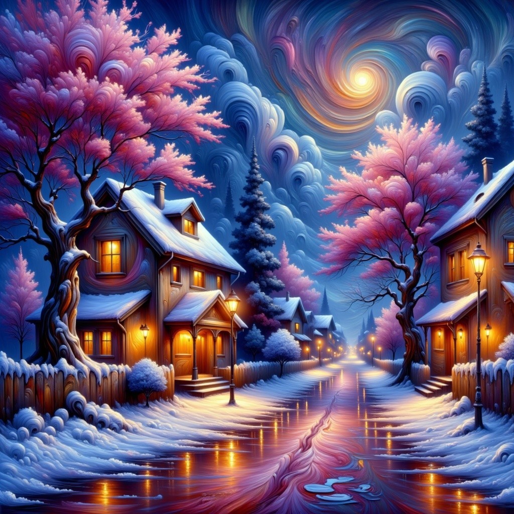 Winter Landscape with Cozy Houses and Cherry Blossoms