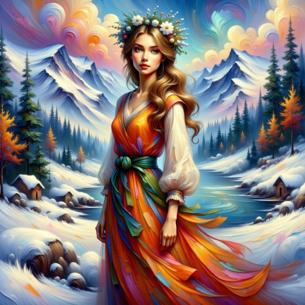 Young woman in vibrant dress by snowy landscape