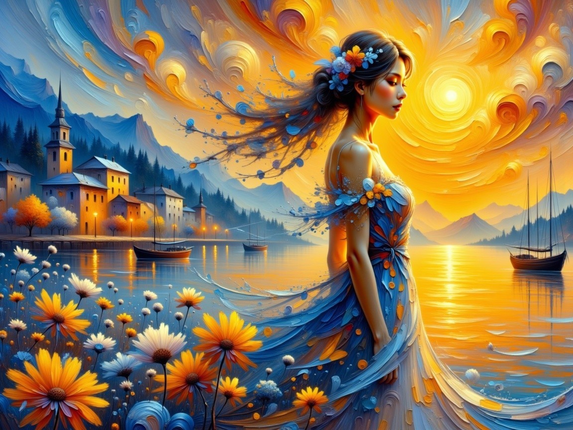 Serene Young Woman at Sunset by Tranquil Lake