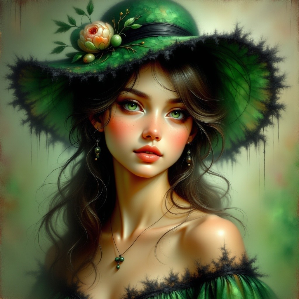 Young Woman in Green Hat with Floral Accents
