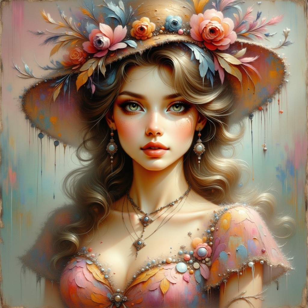 Elegant Young Woman in Ornate Dress and Hat