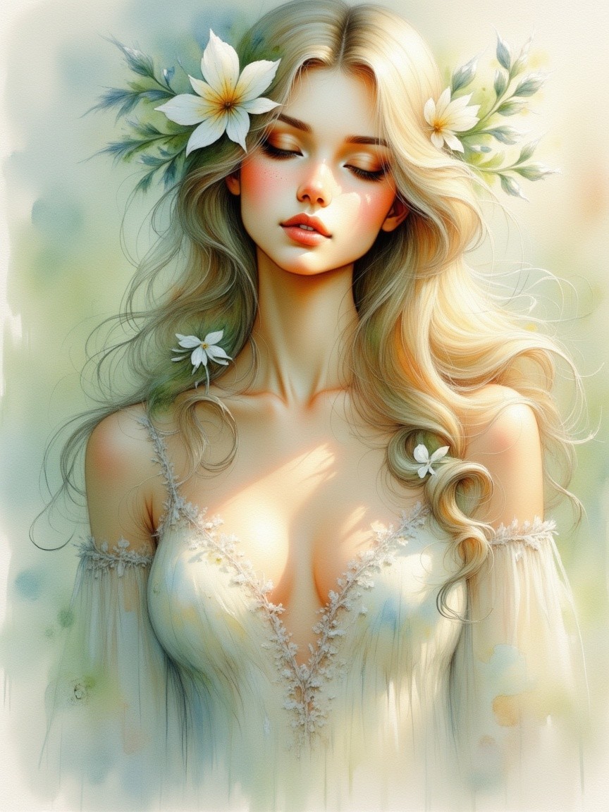 Serene Portrait of Young Woman with Floral Accents