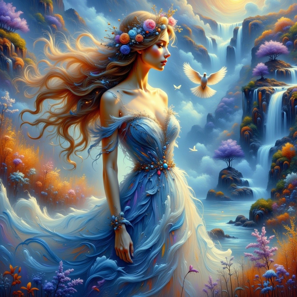 Ethereal Woman in Lush Landscape with Waterfalls
