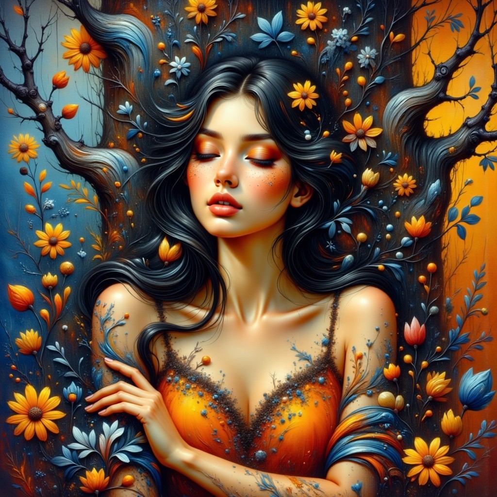 Portrait of a Young Woman with Floral Elements