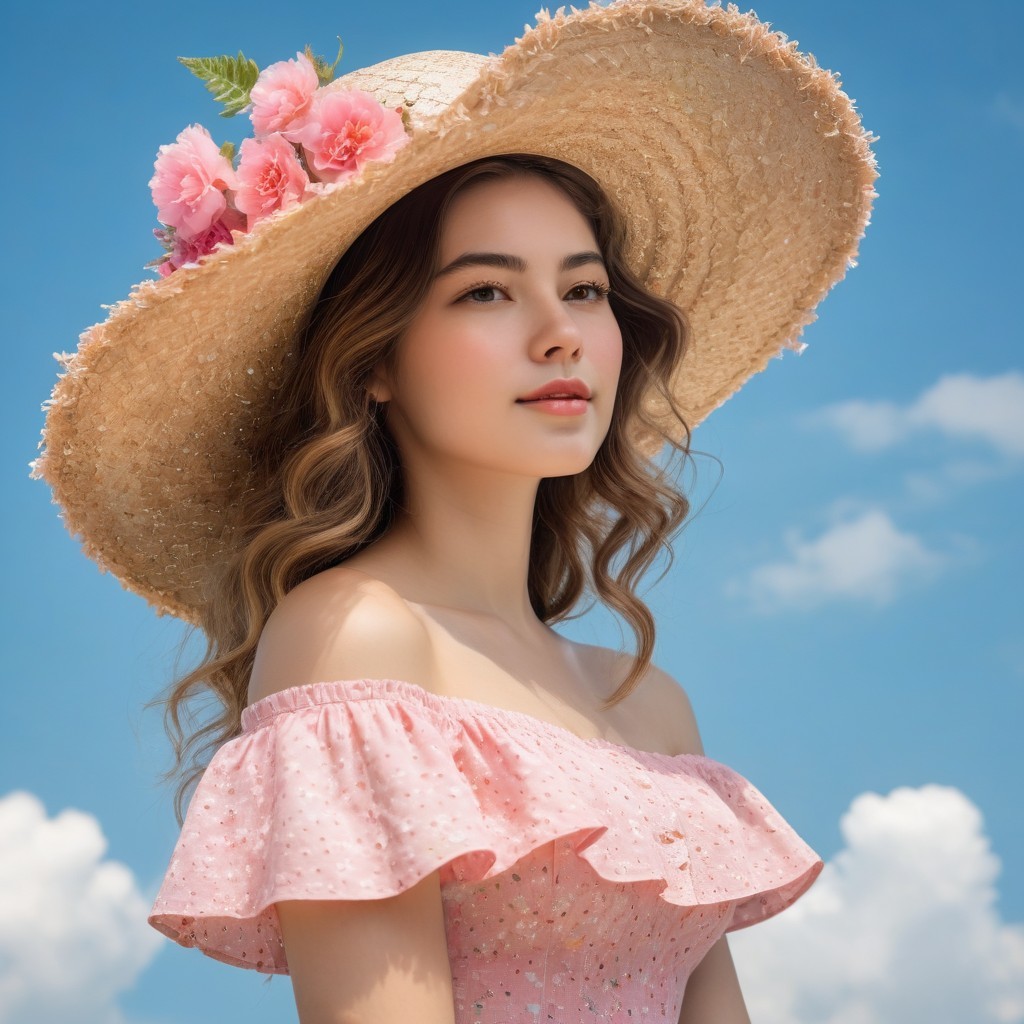 Young woman in pink dress with straw hat outdoors