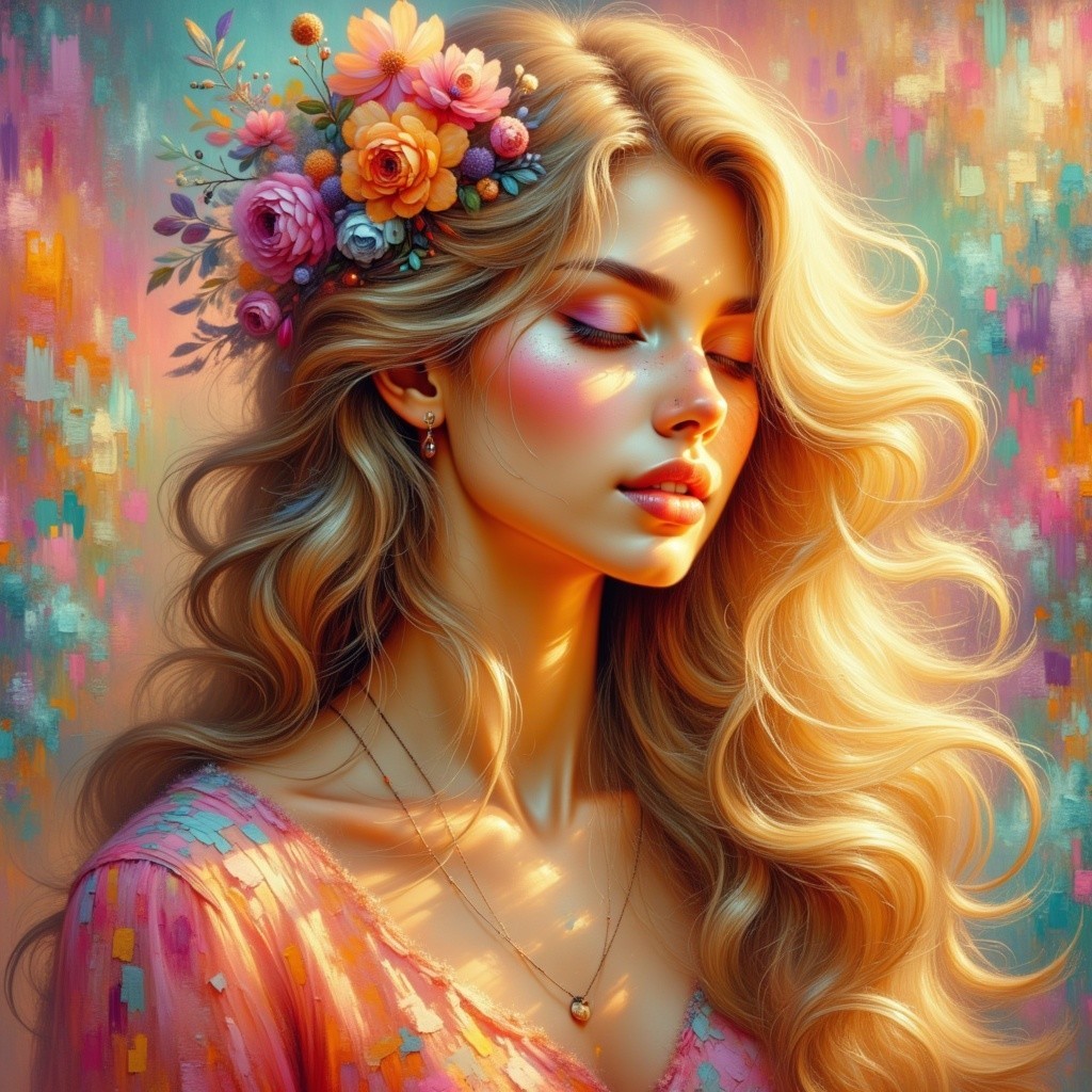 Serene Young Woman with Floral Crown and Pastel Background