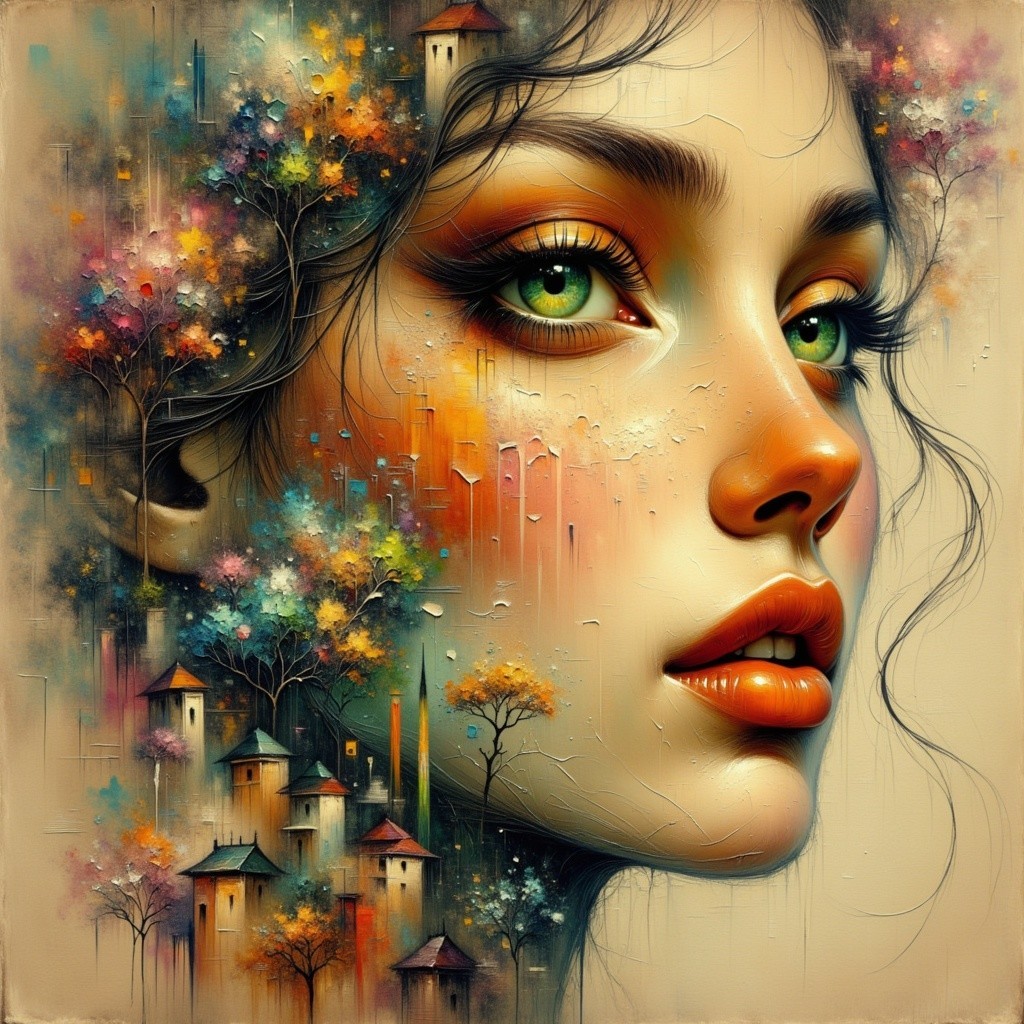 Close-Up of a Woman's Face in a Vibrant Landscape