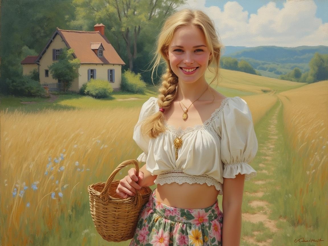 Young Woman in Sunlit Wheat Field with Cottage Background