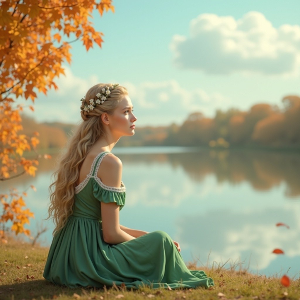 Young Woman by Tranquil Lake in Autumn Landscape