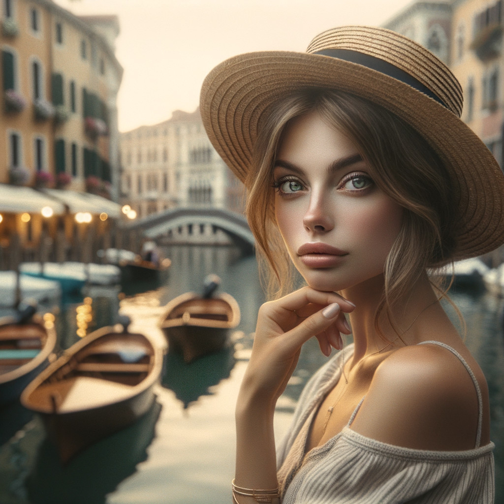 Young Woman in Straw Hat by Venice Canal at Sunset