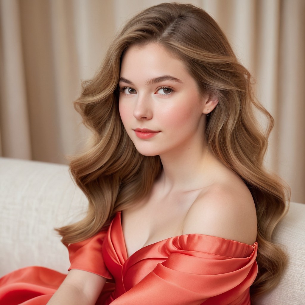 Young woman in coral dress on white couch