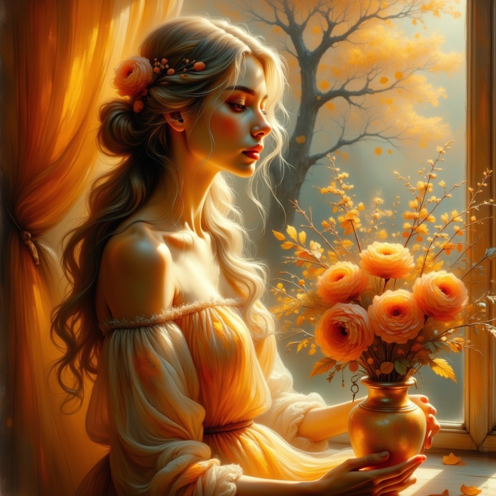 Serene Woman with Silver Hair and Orange Flowers