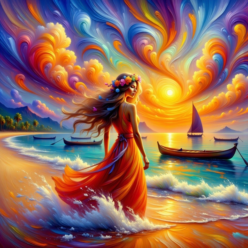 Vibrant Sunset Over Serene Beach with Woman in Red Dress