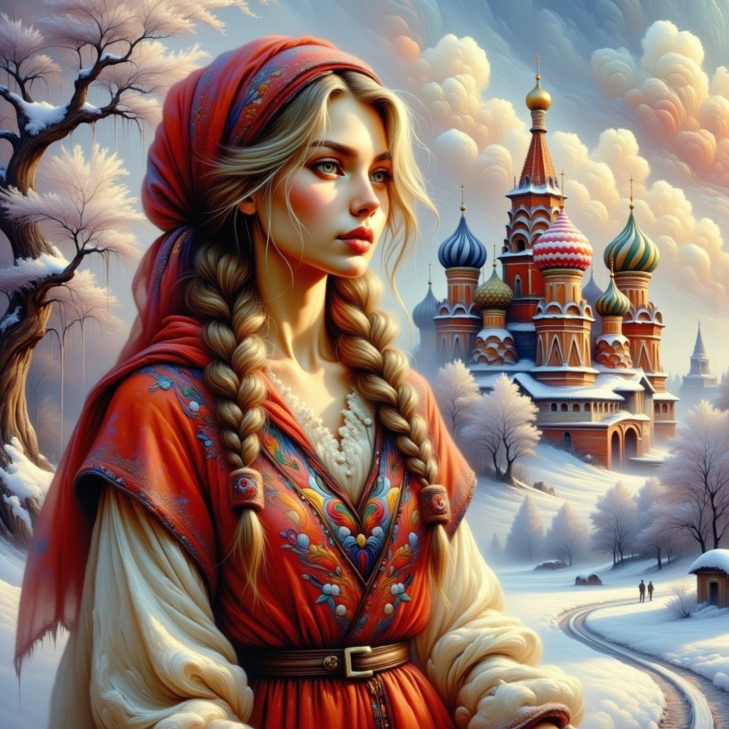 Young Woman in Traditional Red Outfit by Russian Cathedral